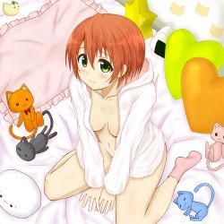 10s 1girl :3 blush breasts cleavage convenient_arm convenient_censoring green_eyes heart heart-shaped_pillow hoshizora_rin indoors inou_eita looking_at_viewer love_live! love_live!_school_idol_project medium_breasts navel no_bra no_panties open_clothes orange_hair pillow pink_socks short_hair socks solo stuffed_animal stuffed_cat stuffed_toy