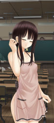 1girl apron bare_shoulders black_hair blush breasts ceiling chair chalkboard classroom closed_eyes collarbone covered_erect_nipples cowboy_shot desk fluorescent_lamp hand_up hisahara_shizuku hosi-gaki indoors lace-trimmed_apron lace_trim legs_together long_hair low_twintails naked_apron original pocket school school_desk shitou_(4h) sidelocks small_breasts solo standing twintails wooden_floor zenra_toukou_school 