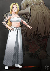  1girl arm_tattoo ass back_tattoo bandaged_chest blonde_hair borrowed_character breasts commission from_behind full_body hair_lift hakama hakama_skirt hand_on_own_hip hands_in_hair long_hair medium_breasts navel original parted_bangs pixiv_commission purple_eyes sage_tory signature skirt tattoo zoom_layer 