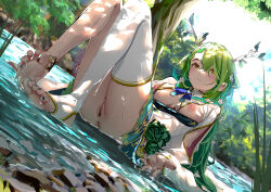 1girl absurdres anklet antlers anus barefoot blue_ribbon blush braid braided_bangs breasts ceres_fauna ceres_fauna_(1st_costume) day dress feet flower green_hair green_nails hair_flower hair_ornament highres hololive hololive_english horns jewelry large_breasts legs long_hair looking_at_viewer mole mole_under_eye multicolored_hair nail_polish nipples no_panties no_shoes off-shoulder_dress off_shoulder outdoors pussy ribbon single_thighhigh sitting soles solo stirrup_legwear streaked_hair sydus thighhighs toeless_legwear toenail_polish toenails toes uncensored virtual_youtuber water wet white_thighhighs yellow_eyes rating:Explicit score:134 user:dgbgg