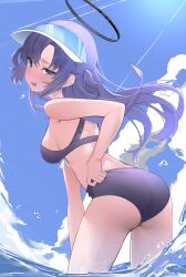  1girl absurdres ass bare_arms bare_legs bare_shoulders bikini black_bikini blue_archive blush breasts cowboy_shot day halo highres long_hair looking_at_viewer mechanical_halo medium_breasts open_mouth outdoors purple_eyes purple_hair solo swimsuit wading water yuuka_(blue_archive) yuuki02 