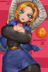  1girl absurdres android_18 blonde_hair blue_eyes breasts dragon_ball dragon_ball_(object) dragonball_z earrings highres jacket jewelry large_breasts pink_background saiykik shonen_jump short_hair solo solo_focus 
