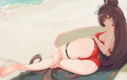  1girl absurdres ass beach blush breasts brown_hair day elias2art flower from_behind goddess_of_victory:_nikke hair_bun hair_flower hair_ornament highres long_hair lying medium_breasts on_side one-piece_swimsuit outdoors red_one-piece_swimsuit sand solo swimsuit thigh_strap very_long_hair water yan_(nikke) yan_(sunrise_market)_(nikke)  rating:Sensitive score:23 user:Leksa