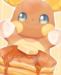  alolan_form alolan_raichu arms_up blue_eyes butter closed_mouth commentary creatures_(company) food game_freak gen_7_pokemon highres inset_border iwasi_29 maple_syrup nintendo no_humans outside_border pancake pokemon pokemon_(creature) simple_background smile symbol-only_commentary yellow_background 