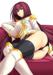 10s 1girl aiguillette ass black_panties black_skirt black_thighhighs boots breasts buttons commentary_request couch epaulettes fate/extella fate/extella_link fate/extra fate/grand_order fate_(series) female_focus hair_between_eyes haruhisky highres hip_focus jacket jewelry knee_boots large_breasts legs long_hair looking_at_viewer military_jacket official_alternate_costume panties pendant purple_hair red_eyes scathach_(fate) scathach_(makyou_sergeant)_(fate) simple_background sitting skirt solo thighhighs thighs underwear very_long_hair white_background white_footwear white_jacket rating:Sensitive score:48 user:danbooru