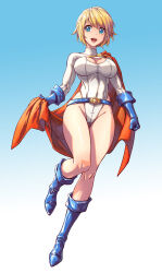 1girl :d absurdres belt blonde_hair blue_background blue_eyes blue_footwear blue_gloves boots breasts cape character_request copyright_request fish.boy full_body gloves gradient_background highleg highleg_leotard highres large_breasts leotard looking_at_viewer open_mouth power_girl short_hair smile solo superhero_costume teeth two-tone_background upper_teeth_only very_short_hair white_background white_leotard