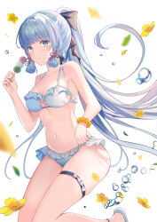  1girl adjusting_clothes adjusting_swimsuit alternate_costume armpits ayaka_(genshin_impact) bikini blunt_bangs blurry breasts cleavage collarbone commentary_request dango depth_of_field food frilled_bikini frills genshin_impact grey_eyes grey_hair hair_ornament hair_ribbon highres holding holding_skewer leaning_forward long_hair looking_at_viewer medium_breasts navel ponytail ribbon sanshoku_dango scrunchie sidelocks simple_background skewer smile solo sora01o spaghetti_strap stomach swimsuit thigh_strap tress_ribbon wagashi water_drop white_background white_bikini wrist_scrunchie 