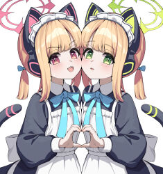  2girls absurdres animal_ear_headphones animal_ears apron black_dress blonde_hair blue_archive blush cat_tail dress fake_animal_ears green_eyes green_halo halo headphones heart heart_hands heart_hands_duo highres maid maid_apron maid_headdress midori_(blue_archive) midori_(maid)_(blue_archive) momoi_(blue_archive) momoi_(maid)_(blue_archive) multiple_girls official_alternate_costume okayusonmu open_mouth pink_halo puffy_short_sleeves puffy_sleeves red_eyes short_hair short_sleeves siblings simple_background sisters smile tail twins white_apron white_background 