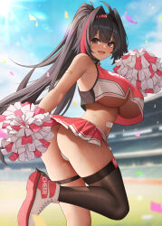  1girl bandaid bandaid_on_shoulder bare_shoulders bay_(nikke) black_eyes black_hair black_thighhighs blurry blurry_background blush breasts cheerleader confetti day from_side goddess_of_victory:_nikke hair_intakes hairband highres holding holding_pom_poms large_breasts long_hair miniskirt mole multicolored_hair open_mouth outdoors panties pleated_skirt pom_pom_(cheerleading) pom_poms ponytail red_hair red_skirt shoes single_thighhigh skirt smile solo streaked_hair sweat thigh_strap thighhighs thighs underwear wei_xiao white_panties 
