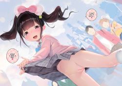  black_hair blush cleft_of_venus clothes_lift english_text exhibitionism fingernails henreader highres loli long_fingernails looking_at_viewer navel no_panties outdoors public_indecency pussy skirt skirt_lift twintails uncensored  rating:Explicit score:277 user:akotsu