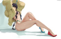  1girl ass black_hair blue_eyes breasts creatures_(company) curvy cutesexyrobutts elesa_(pokemon) game_freak long_hair looking_at_viewer medium_breasts nintendo pokemon pokemon_bw2 simple_background sitting solo thick_thighs thighs white_background wide_hips  rating:Questionable score:116 user:Vardigiil
