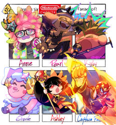 &gt;_&lt; 2boys 4girls :3 ^_^ animal_crossing annie_(splatoon) ashley_(warioware) blush_stickers bracelet captain_falcon chain chain_necklace character_name clenched_hand closed_eyes clownfish company_connection crown dress etoile_(animal_crossing) f-zero fangs fish glasses gloves glowing glowing_eyes headphones helmet highres hooves inkling jewelry kirby kirby_(series) microphone microphone_stand mike_kirby moe_(splatoon) mohawk mole mole_under_mouth multiple_boys multiple_drawing_challenge multiple_girls music necklace nintendo outside_border pearl_(splatoon) scarf sea_anemone setispaghetti singing six_fanarts_challenge spiked_bracelet spikes splatoon_(series) splatoon_1 splatoon_2 tank_top tentacle_hair tropical_fish twintails warioware