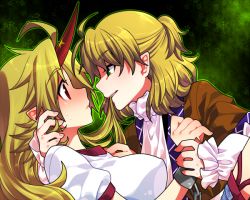 2girls blonde_hair blush cuffs eye_contact female_focus green_eyes hair_in_own_mouth half_updo holding_another&#039;s_wrist horns hoshiguma_yuugi kiri_futoshi looking_at_another mizuhashi_parsee multiple_girls pointy_ears profile red_eyes role_reversal shackles single_horn touhou yuri  rating:Questionable score:13 user:danbooru