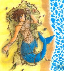  1boy beach blue_eyes blush brown_hair captured highres male_focus merman monster_boy nipples restrained topless_male sora_(kingdom_hearts) spiked_hair  rating:Questionable score:3 user:Ubiquitor