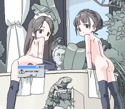  2girls arm_support ass black_thighhighs blue_sky blunt_bangs braid broken_computer brown_eyes brown_hair bust_(sculpture) closed_mouth computer crown_braid curtains day dithering expressionless feet_out_of_frame foliage from_behind iguana knee_up leaf leaning_forward leaning_on_object lokulo_no_mawashimono loli long_hair looking_at_viewer looking_back lowres maid_headdress multiple_girls nude original overgrown short_hair shoulder_blades sky standing standing_on_one_leg swept_bangs thighhighs towel white_towel 