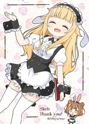  +_+ 2girls :d :o ^_^ animal_ears apron beatrice_(princess_principal) black_hairband black_skirt blonde_hair blush breasts brown_eyes brown_hair center_frills chibi chibi_inset closed_eyes collared_shirt commentary_request commission cosplay double_bun fake_animal_ears fleur_de_lapin_uniform floppy_ears floral_background frilled_apron frilled_hairband frilled_skirt frills gochuumon_wa_usagi_desu_ka? hair_bun hairband kirima_syaro kirima_syaro_(cosplay) long_hair medium_breasts mitya multiple_girls open_mouth partial_commentary princess_(princess_principal) princess_principal puffy_short_sleeves puffy_sleeves rabbit_ears shirt short_sleeves skeb_commission skirt smile solo_focus thank_you thighhighs twitter_username two_side_up uniform very_long_hair waitress white_apron white_shirt white_thighhighs wrist_cuffs 