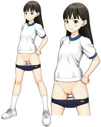 1girl black_hair blush buruma buruma_pull cleft_of_venus clothes_pull female_focus full_body gym_shirt gym_uniform hand_on_own_hip long_hair looking_at_viewer maburu original panties panty_pull pussy shirt shoes simple_background smile socks solo standing uncensored underwear white_background zoom_layer rating:Explicit score:78 user:sytalidis