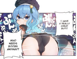 1girl :t afterimage ass beret black_hat black_panties blue_eyes blue_hair blush cleft_of_venus closed_mouth comic_panel_redraw derivative_work english_text fat_mons hair_between_eyes hat highres hololive hoshimachi_suisei hoshimachi_suisei_(casual) looking_at_viewer looking_back medium_hair meme merrytail motion_lines neptune_(series) panties solo underwear virtual_youtuber rating:Questionable score:167 user:danbooru