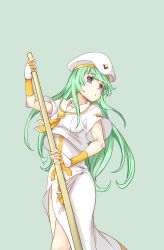  1girl alice_carroll aria_(manga) arm_up beret blue_eyes blush breasts commentary dress eyelashes feet_out_of_frame fingerless_gloves gloves gold_necktie green_background green_hair hat highres holding holding_oar long_hair looking_at_viewer mono9ron oar orange_planet_uniform sailor_collar short_sleeves side_slit sidelocks simple_background small_breasts solo standing swept_bangs very_long_hair white_dress white_hat 