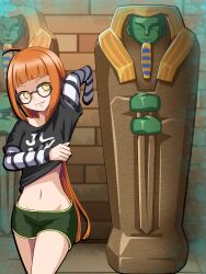  1girl absurdres ahoge arm_up black_shirt blunt_bangs breasts commentary_request dressing glasses green_shorts grin highres long_hair looking_back mummification_(non_bound) navel orange_hair persona persona_5 print_shirt sakura_futaba sarcophagus shadow_futaba shirt short_shorts shorts small_breasts smile stomach striped_sleeves thalter39o very_long_hair yellow_eyes 