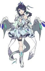  1girl :o alternate_costume aqua_dress armored_gloves black_choker blue_dress blue_eyes blue_hair boots breasts breasts_apart choker commentary dark_blue_hair dragon_girl dragon_horns dragon_tail dragon_wings dress elbow_gloves fantasy full_body gloves green_ribbon hair_ribbon high_heel_boots high_heels highres horns kemonomimi_mode link!_like!_love_live! long_hair long_sleeves looking_at_viewer love_live! low_twintails mole mole_on_neck murano_sayaka open_mouth pantyhose pleated_dress plunging_neckline popupi_12 puffy_long_sleeves puffy_sleeves ribbon short_dress simple_background single-shoulder_dress single_elbow_glove single_leg_pantyhose single_shoulder_pad small_breasts solo standing tachi-e tail thigh_strap tiara twintails two-tone_dress virtual_youtuber white_background white_footwear white_pantyhose wings 
