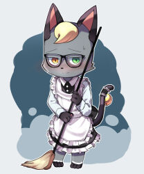  1boy absurdres animal_crossing apron bell blonde_hair blush broom cat_boy closed_mouth crossdressing dress frilled_apron frilled_dress frills full_body furry furry_male green_eyes grey_background heterochromia highres holding holding_broom long_sleeves maid male_focus male_maid nintendo orange_eyes raymond_(animal_crossing) short_hair solo standing sweatdrop tail tail_bell tail_ornament white_apron yed_(yedsilent) 