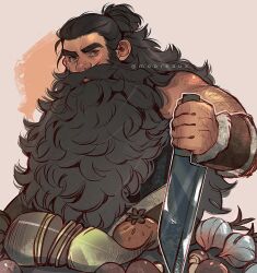  1boy arm_hair artist_name bara beard beard_over_mouth black_hair bracer commentary dungeon_meshi dwarf english_commentary facial_hair hairy hand_hair holding holding_knife knife knuckle_hair long_hair looking_at_viewer male_focus mature_male mooreaux muscular muscular_male mushroom mustache onion radish senshi_(dungeon_meshi) solo thick_arm_hair thick_back_hair thick_eyebrows tomato very_hairy very_long_hair 