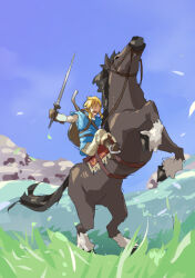  1boy blonde_hair blush boots bridle champion&#039;s_tunic_(zelda) gloves holding holding_reins holding_sword holding_weapon horseback_riding link mdf_an nintendo no_eyes open_mouth pointy_ears rearing reins riding saddle shield shield_on_back sketch stirrups_(riding) sword the_legend_of_zelda weapon 