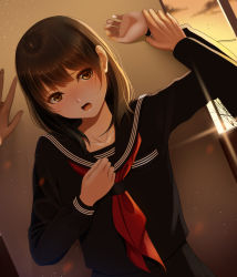 1boy 1girl against_wall black_shirt black_skirt blouse blush brown_eyes brown_hair cloud collarbone dutch_angle hand_on_own_chest hetero highres holding_another&#039;s_wrist indoors kabedon kentaurosu lens_flare long_sleeves looking_at_viewer open_mouth original out_of_frame pov pov_hands red_ribbon ribbon school_uniform serafuku shirt skirt sky solo_focus sweat upper_body wall window rating:Sensitive score:7 user:danbooru