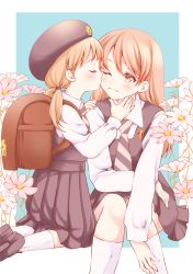  2girls age_difference blonde_hair flower grabbing_another&#039;s_chin hand_on_another&#039;s_chin hat highres kiss kissing_cheek kneehighs long_hair low_twintails multiple_girls one_eye_closed onee-loli original school_uniform sheepd socks twintails two-tone_background white_legwear yellow_eyes yuri  rating:Sensitive score:25 user:danbooru