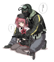  1boy 1girl absurdres bandit_(rainbow_six_siege) beret black_footwear black_gloves black_jacket black_pantyhose black_skirt blush bulletproof_vest commentary_request crossover duplicate girls&#039;_frontline gloves grey_pants gun h&amp;k_mp7 hat helmet highres holding holding_weapon jacket kneeling knees_together_feet_apart looking_at_object machine_pistol mask miniskirt mp7_(girls&#039;_frontline) on_one_knee optical_sight pants pantyhose personal_defense_weapon pouch rainbow_six_siege red_hair sanso_(kasyawamoti) seiza shirt shoes sight sitting skirt submachine_gun tactical_clothes translation_request weapon white_shirt yellow_eyes  rating:Sensitive score:12 user:danbooru