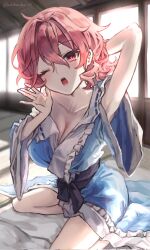  1girl aokihatoba_01 arm_behind_head blue_kimono breasts closed_mouth commentary_request full_body hair_intakes highres japanese_clothes kimono large_breasts long_sleeves open_mouth pink_eyes pink_hair saigyouji_yuyuko sash seiza sitting touhou twitter_username wide_sleeves 