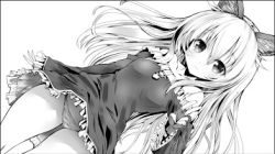  animal_ears bare_shoulders border dutch_angle elin_(tera) flat_chest long_hair looking_at_viewer lowres mitsurugi_aoi monochrome panties pantyshot simple_background solo tera_online underwear v 