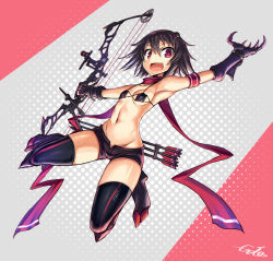  1girl armpits arrow_(projectile) bikini bikini_top_only black_hair bow_(weapon) breasts claws gia groin jumping navel open_mouth original red_eyes scarf short_hair shorts solo swimsuit thighhighs veno_(gia) weapon  rating:Sensitive score:27 user:danbooru