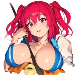  1girl between_breasts breasts breasts_apart collarbone commentary_request cookie_(touhou) dress hair_bobbles hair_ornament highres holding large_breasts looking_at_viewer no_bra nuppehofu_(nibuta) onozuka_komachi open_mouth parted_lips red_eyes red_hair shishou_(cookie) short_sleeves solo touhou two_side_up upper_body 