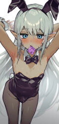  1boy animal_ears areola_slip armpits arms_behind_head black_bow black_bowtie black_leotard blue_eyes blush bow bowtie bulge condom condom_in_mouth condom_wrapper cowboy_shot dark-skinned_male dark_elf dark_skin detached_collar elf fake_animal_ears fake_tail grey_hair grey_pantyhose highres leotard long_hair looking_at_viewer male_focus male_playboy_bunny mouth_hold original paid_reward_available pantyhose pointy_ears rabbit_ears rabbit_tail simple_background solo strapless strapless_leotard sweat tail trap white_background yoruhachi  rating:Questionable score:71 user:danbooru