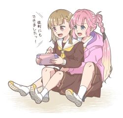 2girls :d anyoji_hime black_ribbon blonde_hair blue_eyes blunt_bangs braid brown_dress brown_hair center-flap_bangs commentary_request donpa dress gradient_hair hair_ribbon handheld_game_console hasu_no_sora_school_uniform holding holding_handheld_game_console jacket kachimachi_kosuzu link!_like!_love_live! loafers long_hair long_sleeves love_live! medium_dress multi-tied_hair multicolored_hair multiple_girls neckerchief open_clothes open_jacket open_mouth pink_eyes pink_hair pink_jacket playing_games pleated_dress ponytail ribbon sailor_collar sailor_dress school_uniform shadow shoes side_braids sidelocks simple_background sitting sitting_on_person smile swept_bangs translation_request two-tone_footwear very_long_hair virtual_youtuber white_background white_footwear white_sailor_collar winter_uniform yellow_footwear yellow_neckerchief 