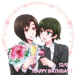  10s 2girls :d alcohol aoyanagi_risa blush bouquet brown_eyes brown_hair cup dated drinking_glass flower green_eyes green_hair happy_birthday highres kiraki mole mole_under_eye multiple_girls open_mouth pink_rose psycho-pass red_rose rose shisui_mizue smile toasting_(gesture) wine wine_glass yuri 