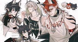  3boys :&lt; aircraft anger_vein animal_ear_fluff animal_ear_piercing animal_ears argyle argyle_background arm_belt bare_shoulders belt belt_buckle bishounen black_choker black_collar black_eyes black_gloves black_horns black_jacket black_shirt blonde_hair bojiu_xiao buckle chain chain_necklace check_copyright chibi chinese_commentary choker clenched_hand closed_eyes closed_mouth clothes_writing collar collarbone collared_jacket commentary_request commission copyright_request cropped_torso demon_horns drop_earrings earrings eyelashes facial_tattoo flame_tattoo fox_ears frown gloves green_eyes grey_eyes hair_between_eyes head_only heart heart_choker helicopter heterochromia highres hood hood_up hooded_jacket horns horns_through_hood jacket jacket_partially_removed jewelry lapels long_sleeves looking_at_viewer male_focus medium_hair multiple_boys multiple_views neck_tattoo necklace notched_lapels open_clothes open_jacket open_mouth original pectoral_cleavage pectorals pink_lips pointy_ears red_belt red_eyes red_hair sample_watermark shirt shoulder_tattoo simple_background sleeveless sleeveless_shirt smile smirk sparkle sphere_earrings tattoo turtleneck turtleneck_shirt uh-60_blackhawk upper_body watermark white_background white_jacket white_shirt 