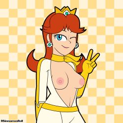  1girl absurdres biker_clothes blue_eyes breasts breasts_out crown earrings gloves highres jewelry jumpsuit lips lipstick makeup mario_(series) mario_kart mario_kart_wii navel nintendo no_bra one_eye_closed open_clothes orange_hair princess_daisy rsinnamonroll_(artist) scarf v wink  rating:Explicit score:19 user:TTMat