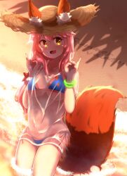 1girl :d absurdres animal_ears beach bikini bikini_under_clothes blue_bikini breasts brown_eyes brown_hat collarbone commentary_request double_fox_shadow_puppet ears_through_headwear fang fate/grand_order fate_(series) fox_ears fox_girl fox_shadow_puppet fox_tail hair_between_eyes hands_up hat highres large_breasts long_hair navel open_mouth pink_hair sand see-through side-tie_bikini_bottom smile solo straw_hat swimsuit tail tamamo_(fate) tamamo_no_mae_(swimsuit_lancer)_(fate) yuya090602 