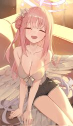  1girl :d alternate_costume armpit_crease blue_archive blush breasts closed_eyes collarbone couch flower gnns gym_shorts hair_bun hair_flower hair_ornament halo happy highres hime_cut large_breasts long_hair low_wings mika_(blue_archive) multicolored_hair neck open_mouth pink_hair pink_halo shorts single_hair_bun smile solo spaghetti_strap thighs wing_ornament wings 