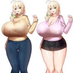  1girl absurdres blonde_hair breasts cleavage female_focus green_eyes highres huge_breasts kishi mature_female miniskirt mole mole_on_breast open_mouth original pale_skin pants secilia_(kishi) seria_(kishi) shirt side_ponytail skirt smile sweater turtleneck turtleneck_sweater  rating:Explicit score:64 user:actualruinedknight