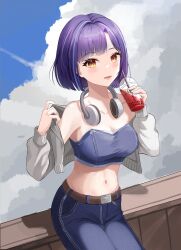  1girl absurdres bare_shoulders belt blue_sky breasts brown_belt cleavage cloud collarbone cup day denim disposable_cup drinking_straw grey_jacket hair_intakes headphones headphones_around_neck highres holding holding_cup jacket jeans lilpa long_sleeves looking_at_viewer midriff navel off_shoulder open_clothes open_jacket open_mouth pants purple_hair seolhae short_hair sitting sky solo stomach strapless tube_top waktaverse yellow_eyes 