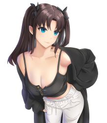  1girl absurdres baggy_pants black_jacket black_tank_top blue_eyes blue_nails breasts brown_hair casual cleavage closed_mouth collarbone drawstring fate/stay_night fate_(series) hair_ribbon hand_on_own_hip highres imaizumi_(user_yuwf7555) jacket leaning_forward long_hair medium_breasts midriff navel off_shoulder pants ribbon simple_background solo tank_top tohsaka_rin two_side_up variant_set white_background white_pants 
