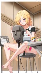 1girl absurdres aki_rosenthal aki_rosenthal_(gaming_casual) barefoot beer_can belt binaural_microphone black_belt black_shirt blonde_hair blue_eyes border can collarbone commentary crossed_legs drink_can green_nails grin harry_(dudwofla) highres holding_mimikaki hololive indoors long_hair looking_at_viewer low_twintails microphone mimikaki multicolored_nails music_stand nail_polish neumann_ku_100 off-shoulder_shirt off_shoulder official_alternate_costume official_alternate_hairstyle on_chair on_stool overall_skirt overalls paint_on_body paint_stains parted_bangs pink_nails recording_studio shirt sitting smile solo toenail_polish toenails twintails virtual_youtuber white_border white_overalls