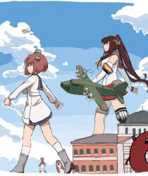  4girls abyssal_ship aircraft airplane akitsushima_(kancolle) black_sailor_collar blue_sky bokukawauso brown_hair building cloud day dress dual_persona enemy_lifebuoy_(kancolle) giant giantess gyorui_(amezari) h8k headgear kantai_collection long_hair multiple_girls outdoors outstretched_arms pleated_skirt ponytail red_sailor_collar red_skirt sailor_collar sailor_dress short_hair single_thighhigh skirt sky speaking_tube_headset tan_yang_(kancolle) thighhighs white_dress yamato_(kancolle) yukikaze_(kancolle) yukikaze_kai_ni_(kancolle) z_flag 