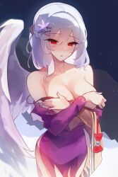  1girl bare_shoulders black_bra bra breasts cleavage collarbone commentary covering_breasts covering_privates dress feathered_wings grey_hair hair_between_eyes highres kaliningradg kishin_sagume large_breasts looking_at_viewer purple_dress red_eyes single_wing solo symbol-only_commentary touhou underwear white_wings wings 
