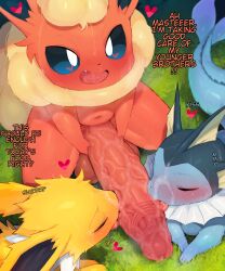  3boys absurdres blonde_hair blue_sclera blush closed_eyes colored_sclera creatures_(company) cum drooling english_text erection facial fellatio flareon foreskin foreskin_pull furry game_freak gen_1_pokemon gills grass group_sex hard-translated heart highres huge_penis incest jolteon kissing_penis kneeling licking licking_penis looking_at_viewer looking_up lying multiple_boys navel nintendo nude on_stomach open_mouth oral outdoors penis plump pokemon pokemon_(creature) siblings sweat syuro tears testicles third-party_edit threesome tongue tongue_out translated uncensored vaporeon veins veiny_penis yaoi  rating:Explicit score:102 user:Zorua_lover