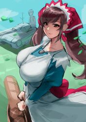  1girl alicia_melchiott apron basket blue_dress breasts brown_eyes brown_hair dress eu03 large_breasts long_hair long_sleeves looking_at_viewer senjou_no_valkyria senjou_no_valkyria_(series) senjou_no_valkyria_1 smile solo twintails white_apron 